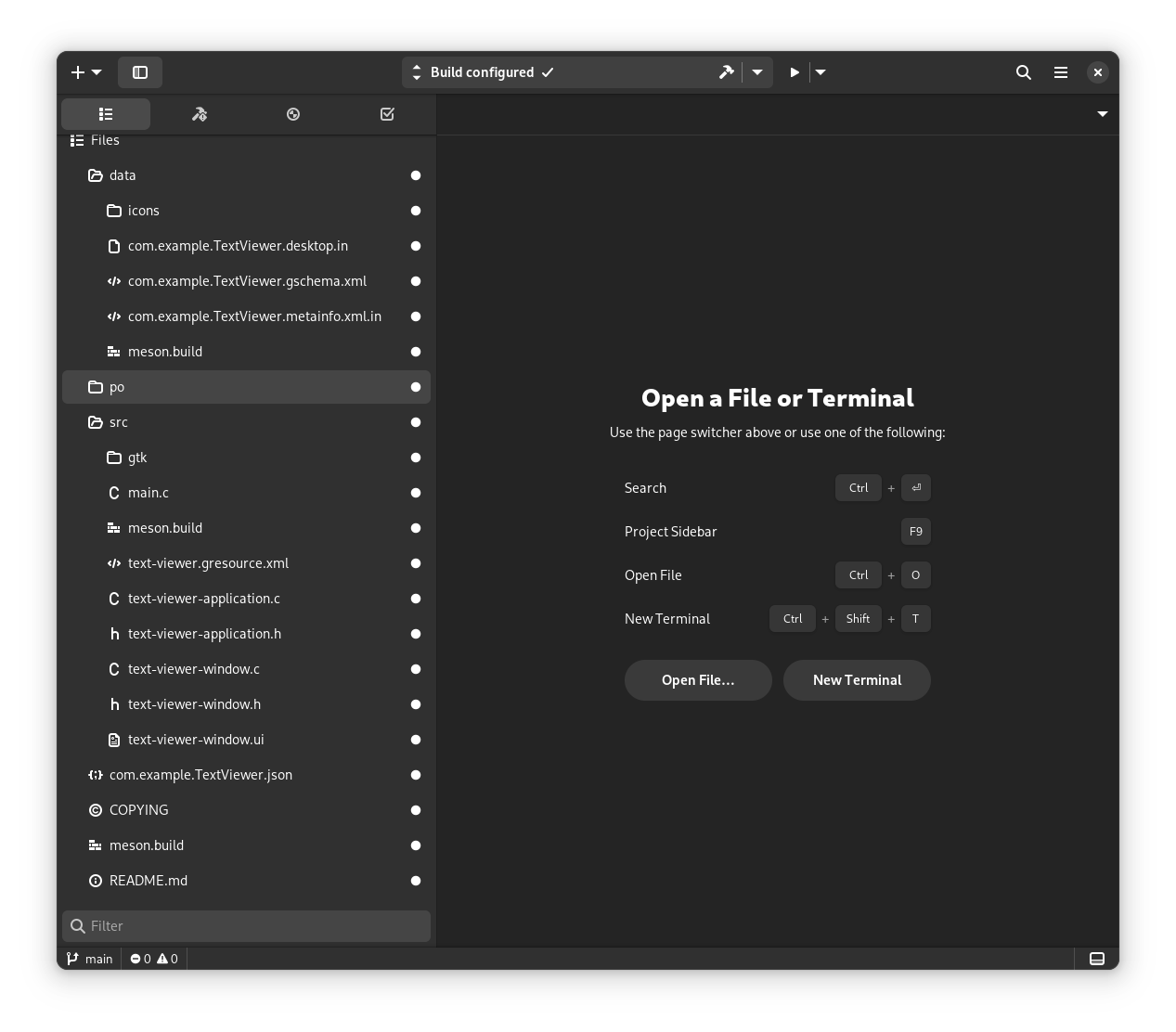 Initial project contents in GNOME Builder