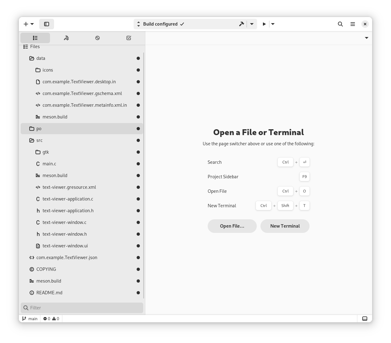 Initial project contents in GNOME Builder