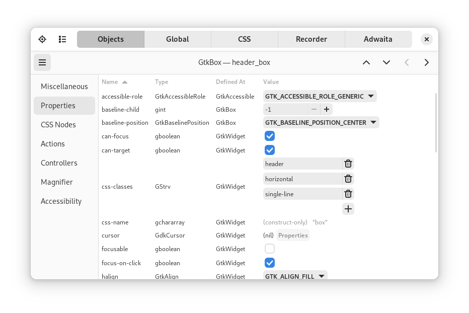 The properties of a widget